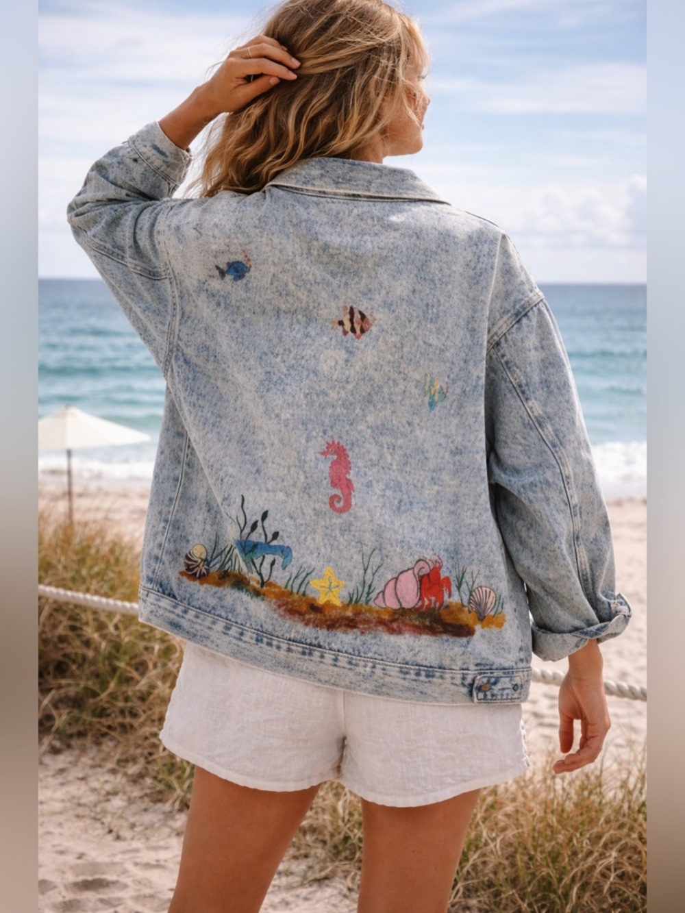 Vintage Hand Painted Denim Jacket | Ocean Scene - Fish Seahorse Starfish | Large